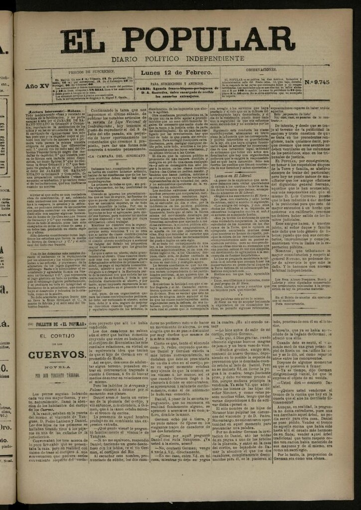 Miniatura de El Popular: diario independiente, político, literario y de noticias de interés general del 12 de febrero de 1883, nº 9745