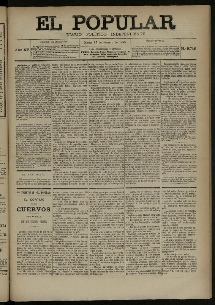 Miniatura de El Popular: diario independiente, político, literario y de noticias de interés general del 13 de febrero de 1883, nº 9746