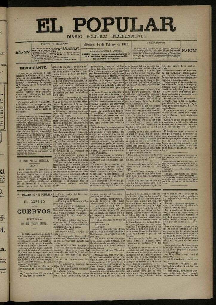Miniatura de El Popular: diario independiente, político, literario y de noticias de interés general del 14 de febrero de 1883, nº 9747
