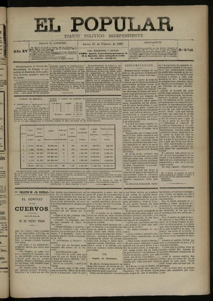 Miniatura de El Popular: diario independiente, político, literario y de noticias de interés general del 15 de febrero de 1883, nº 9748