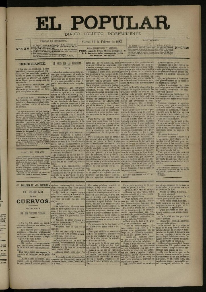 Miniatura de El Popular: diario independiente, político, literario y de noticias de interés general del 16 de febrero de 1883, nº 9749