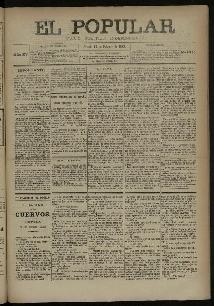 Miniatura de El Popular: diario independiente, político, literario y de noticias de interés general del 17 de febrero de 1883, nº 9750
