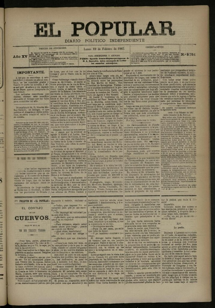 Miniatura de El Popular: diario independiente, político, literario y de noticias de interés general del 19 de febrero de 1883, nº 9751