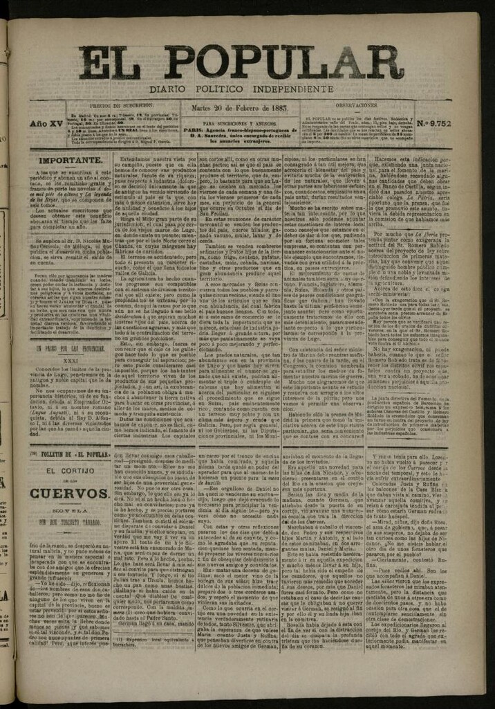 Miniatura de El Popular: diario independiente, político, literario y de noticias de interés general del 20 de febrero de 1883, nº 9752