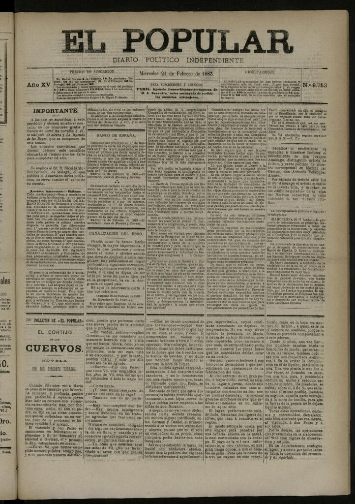 Miniatura de El Popular: diario independiente, político, literario y de noticias de interés general del 21 de febrero de 1883, nº 9753