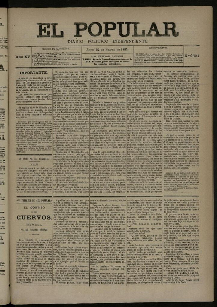 Miniatura de El Popular: diario independiente, político, literario y de noticias de interés general del 22 de febrero de 1883, nº 9754