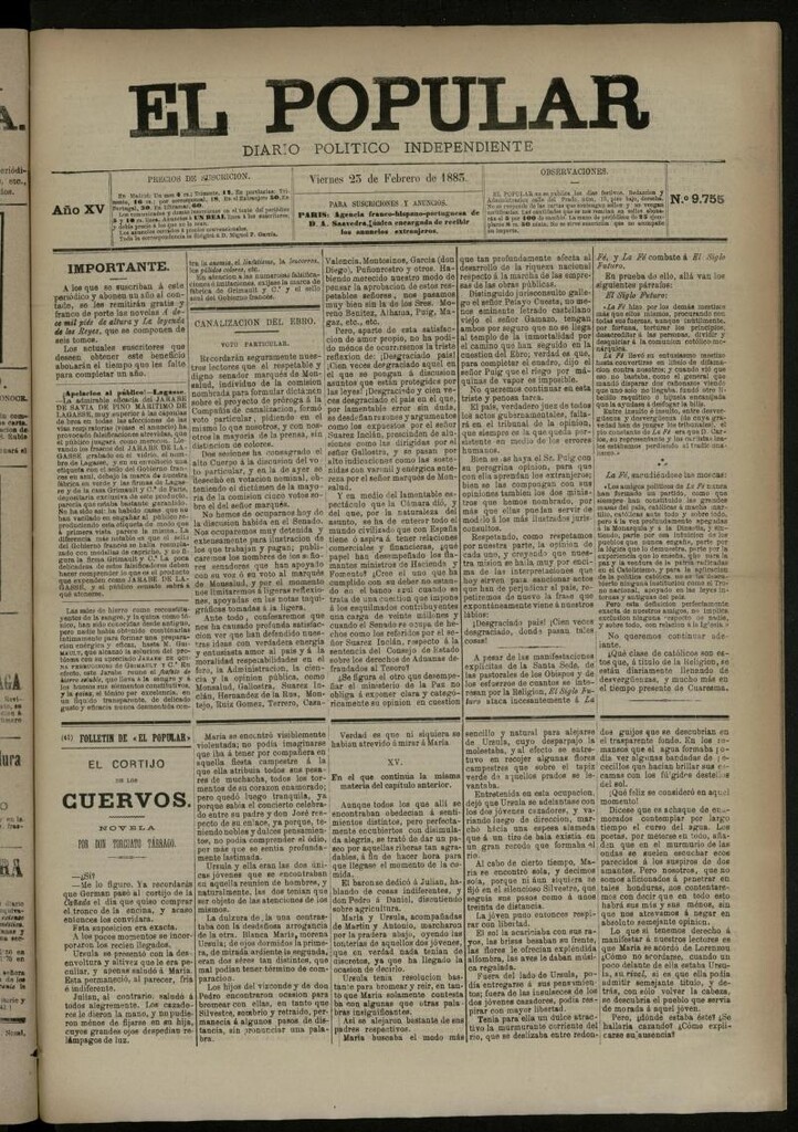 Miniatura de El Popular: diario independiente, político, literario y de noticias de interés general del 23 de febrero de 1883, nº 9755