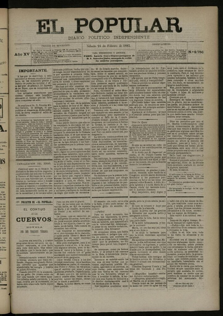 Miniatura de El Popular: diario independiente, político, literario y de noticias de interés general del 24 de febrero de 1883, nº 9756