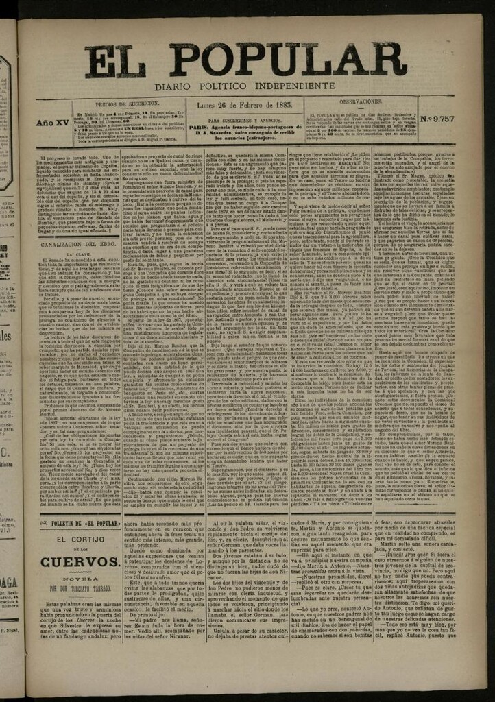 Miniatura de El Popular: diario independiente, político, literario y de noticias de interés general del 26 de febrero de 1883, nº 9757