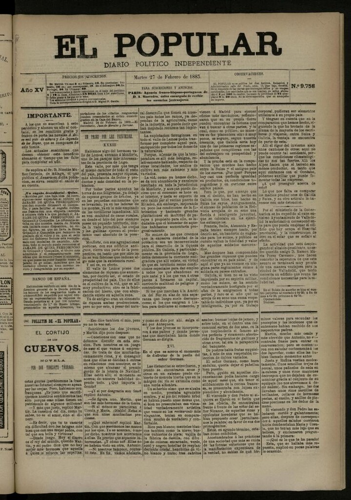 Miniatura de El Popular: diario independiente, político, literario y de noticias de interés general del 27 de febrero de 1883, nº 9758