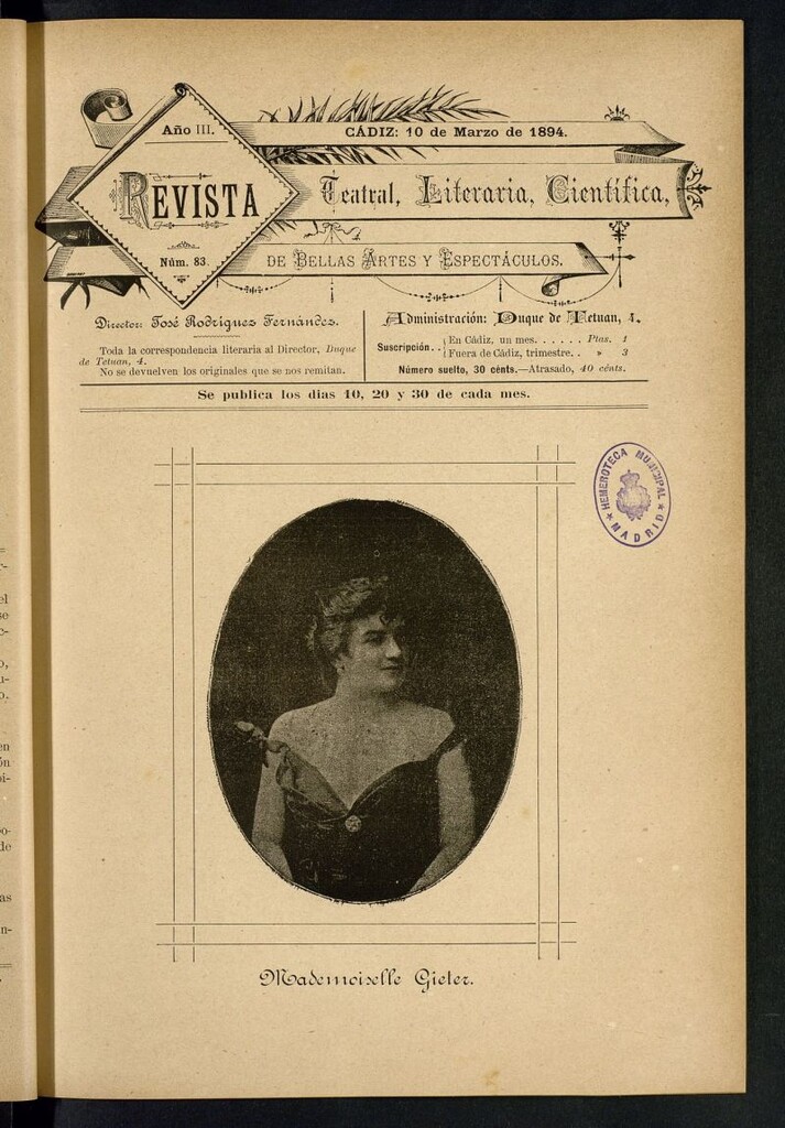 Miniatura de Revista Teatral, Literaria, Científica, de Bellas Artes y Espectáculos. Nº 83