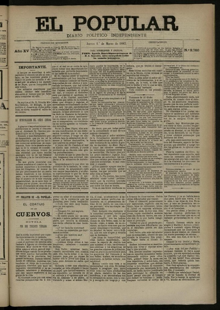 Miniatura de El Popular: diario independiente, político, literario y de noticias de interés general del 1 de marzo de 1883, nº 9760