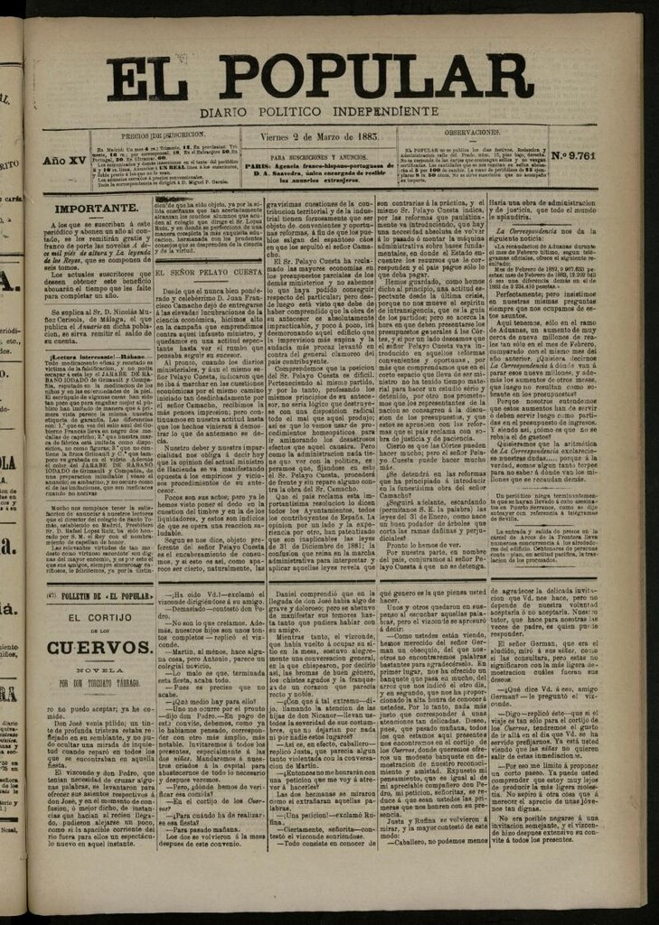 Miniatura de El Popular: diario independiente, político, literario y de noticias de interés general del 2 de marzo de 1883, nº 9761