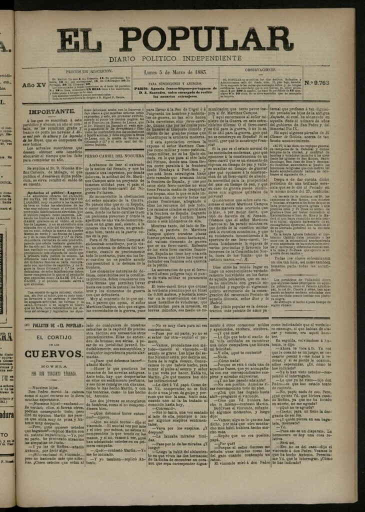 Miniatura de El Popular: diario independiente, político, literario y de noticias de interés general del 5 de marzo de 1883, nº 9763