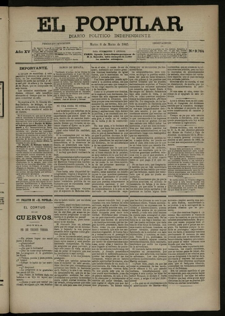 Miniatura de El Popular: diario independiente, político, literario y de noticias de interés general del 6 de marzo de 1883, nº 9764