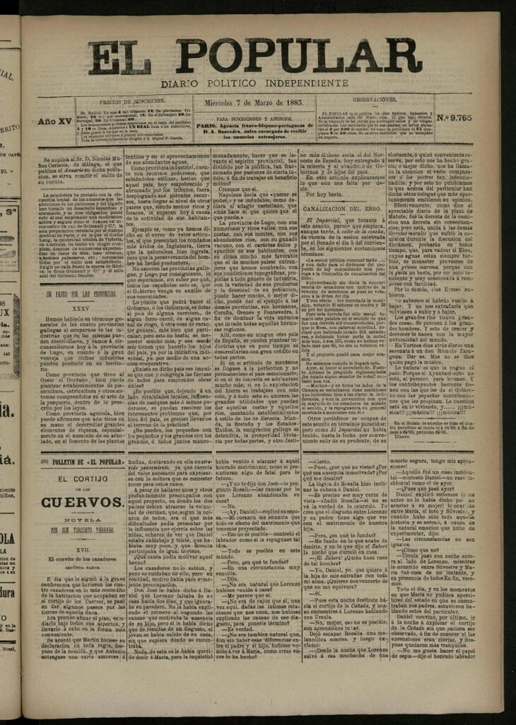 Miniatura de El Popular: diario independiente, político, literario y de noticias de interés general del 7 de marzo de 1883, nº 9765