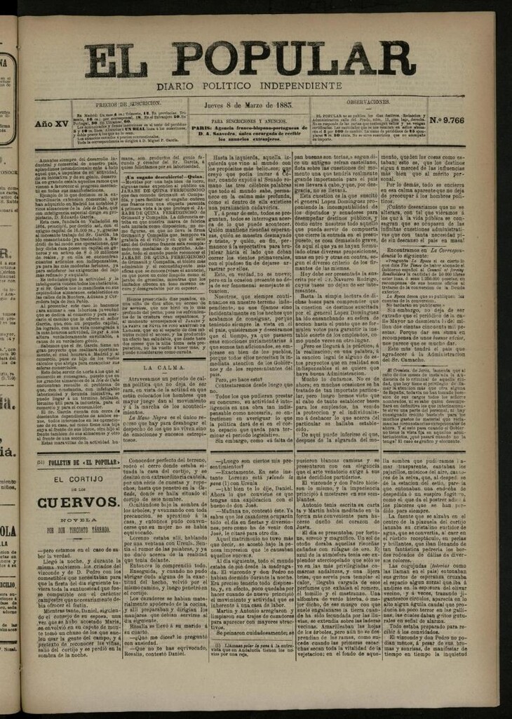 Miniatura de El Popular: diario independiente, político, literario y de noticias de interés general del 8 de marzo de 1883, nº 9766