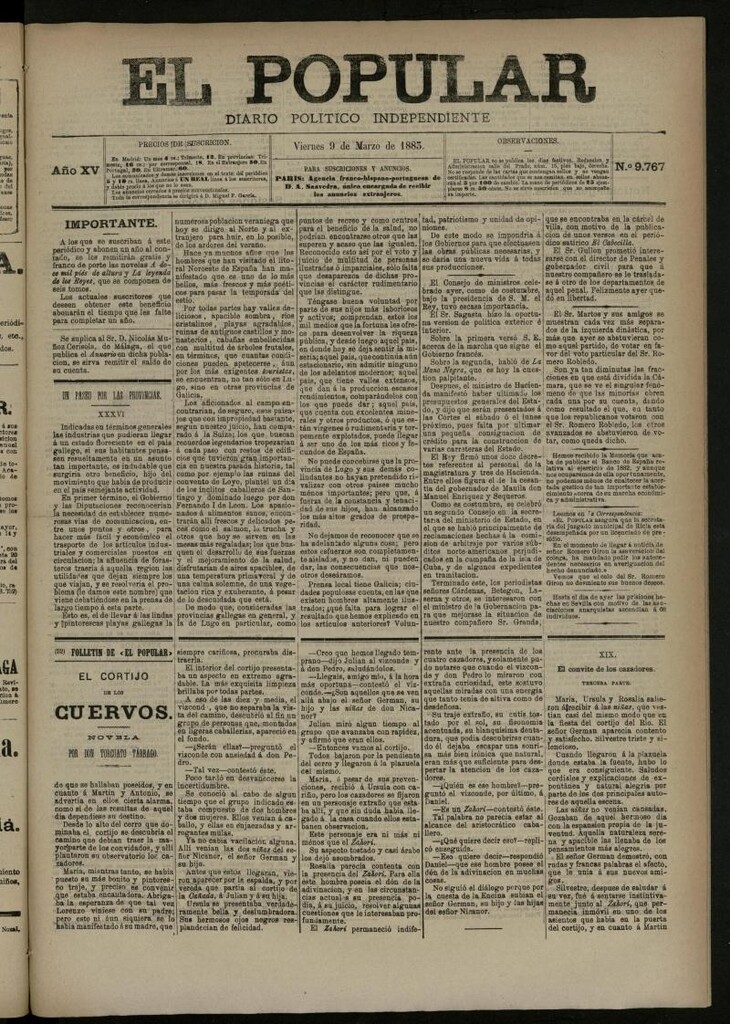 Miniatura de El Popular: diario independiente, político, literario y de noticias de interés general del 9 de marzo de 1883, nº 9767