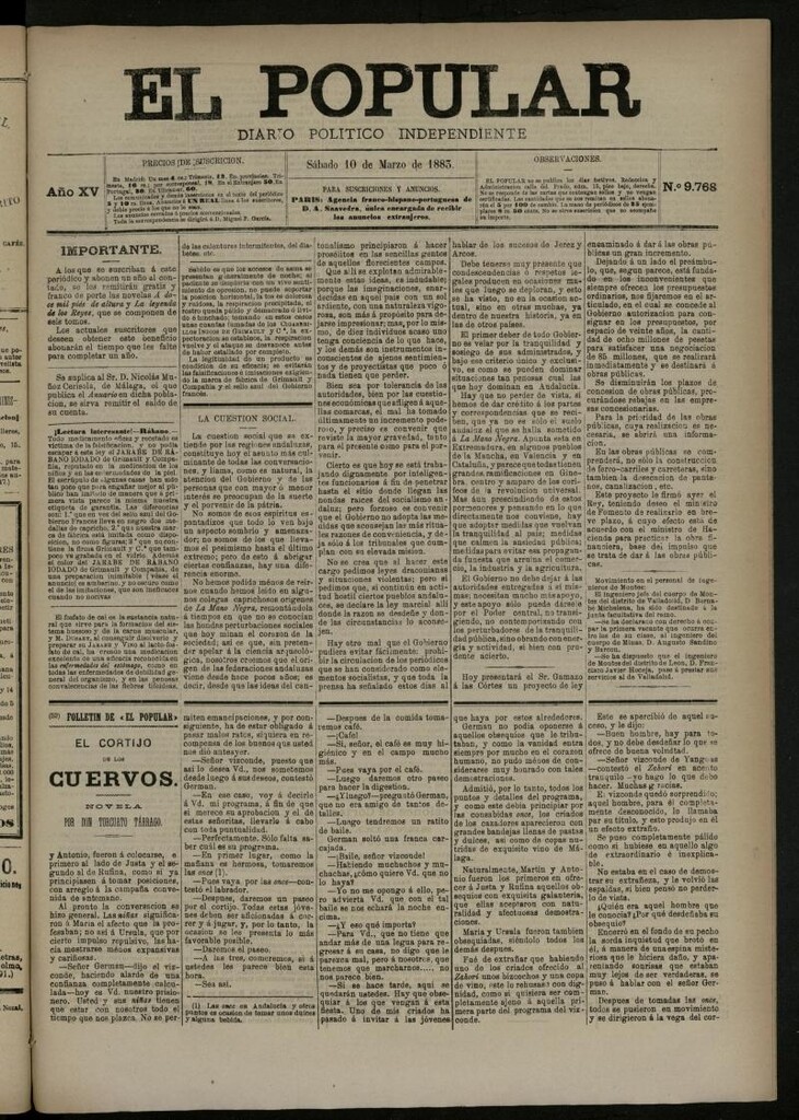 Miniatura de El Popular: diario independiente, político, literario y de noticias de interés general del 10 de marzo de 1883, nº 9768