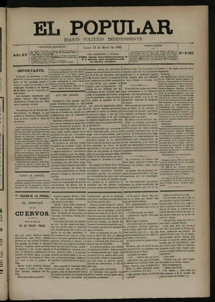 Miniatura de El Popular: diario independiente, político, literario y de noticias de interés general del 12 de marzo de 1883, nº 9769