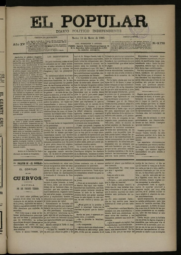 Miniatura de El Popular: diario independiente, político, literario y de noticias de interés general del 13 de marzo de 1883, nº 9770