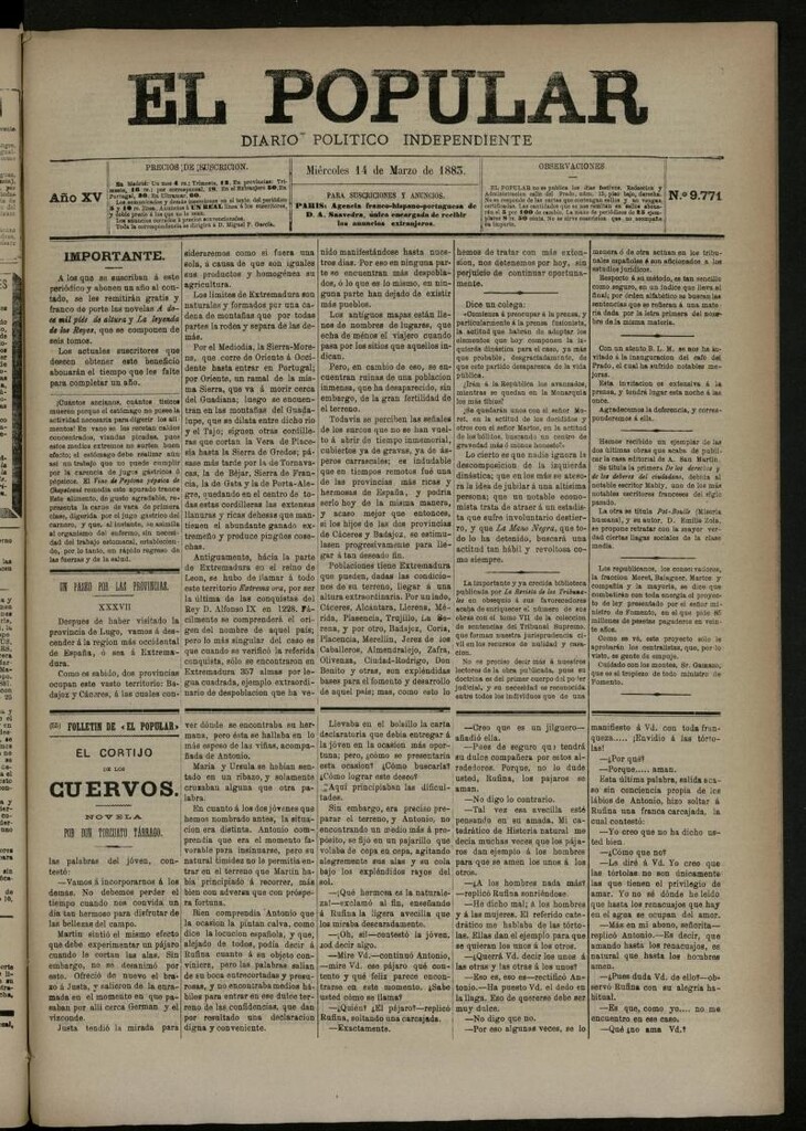 Miniatura de El Popular: diario independiente, político, literario y de noticias de interés general del 14 de marzo de 1883, nº 9771