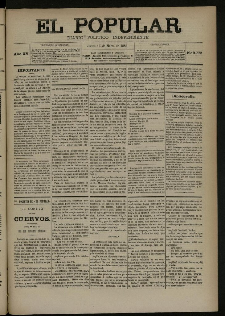 Miniatura de El Popular: diario independiente, político, literario y de noticias de interés general del 15 de marzo de 1883, nº 9772