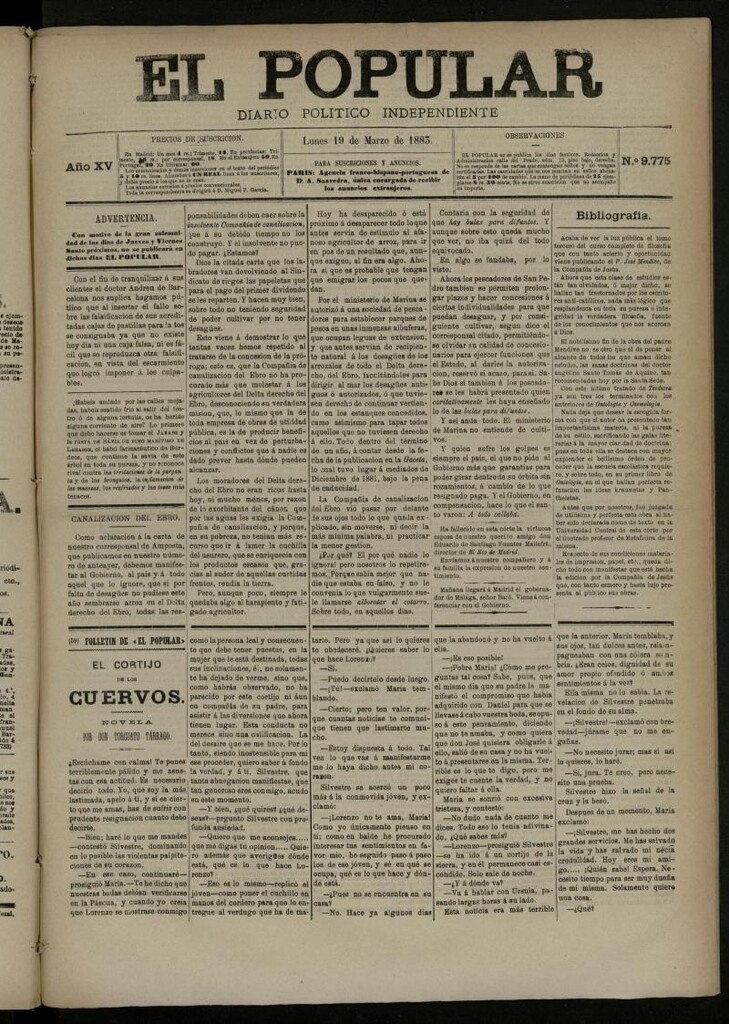 Miniatura de El Popular: diario independiente, político, literario y de noticias de interés general del 19 de marzo de 1883, nº 9775
