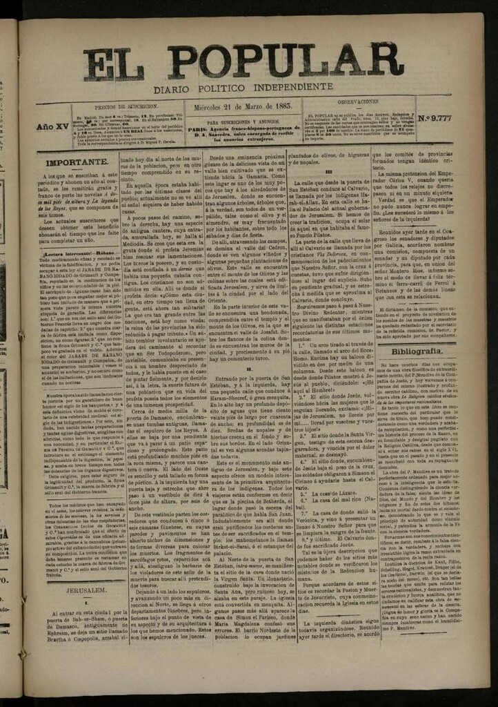 Miniatura de El Popular: diario independiente, político, literario y de noticias de interés general del 21 de marzo de 1883, nº 9777