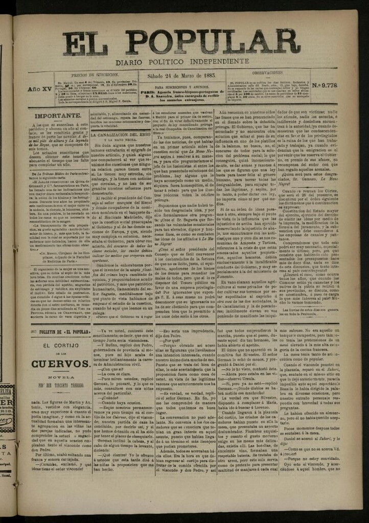 Miniatura de El Popular: diario independiente, político, literario y de noticias de interés general del 24 de marzo de 1883, nº 9778