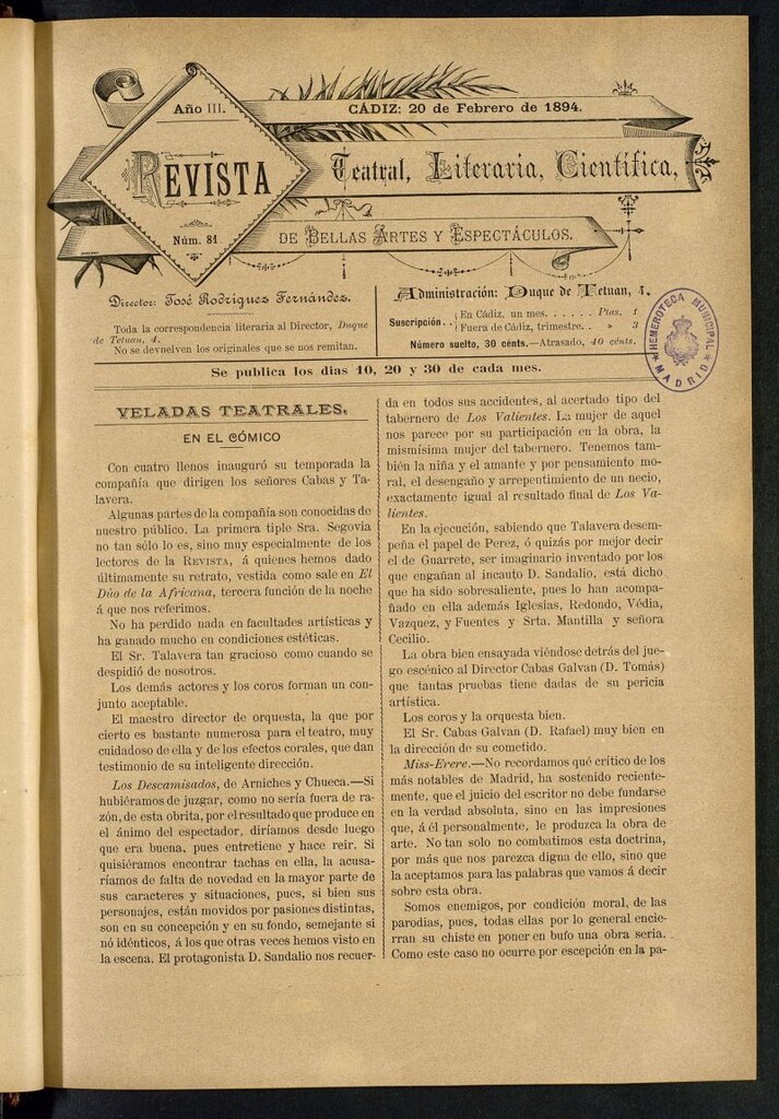 Miniatura de Revista Teatral, Literaria, Científica, de Bellas Artes y Espectáculos. Nº 81