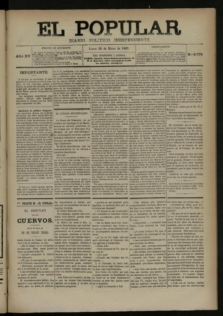 Miniatura de El Popular: diario independiente, político, literario y de noticias de interés general del 26 de marzo de 1883, nº 9779