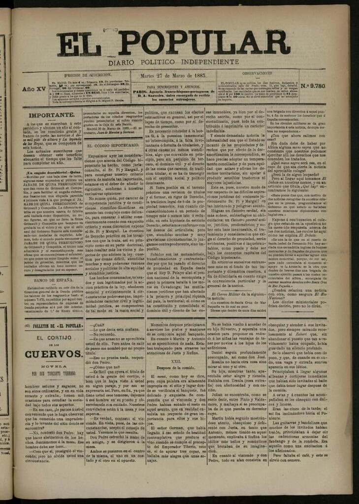 Miniatura de El Popular: diario independiente, político, literario y de noticias de interés general del 27 de marzo de 1883, nº 9780