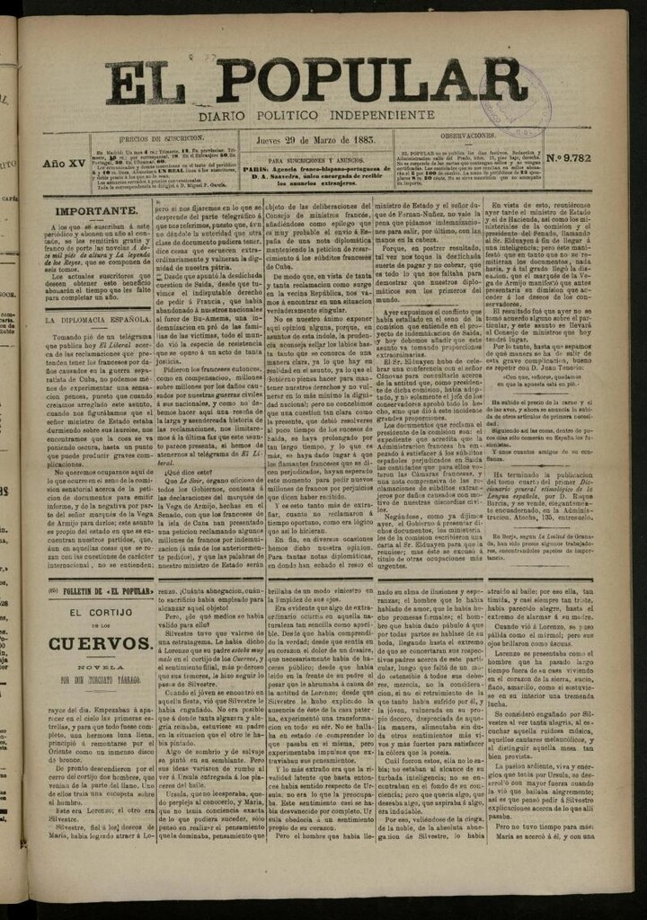Miniatura de El Popular: diario independiente, político, literario y de noticias de interés general del 29 de marzo de 1883, nº 9782