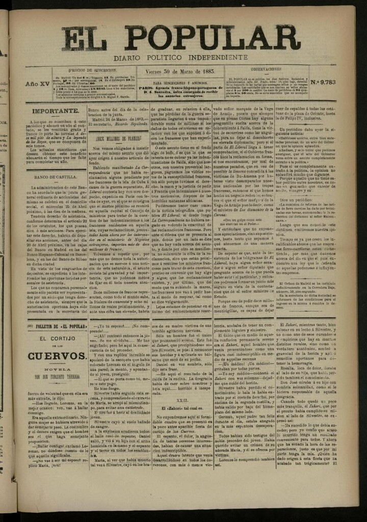 Miniatura de El Popular: diario independiente, político, literario y de noticias de interés general del 30 de marzo de 1883, nº 9783