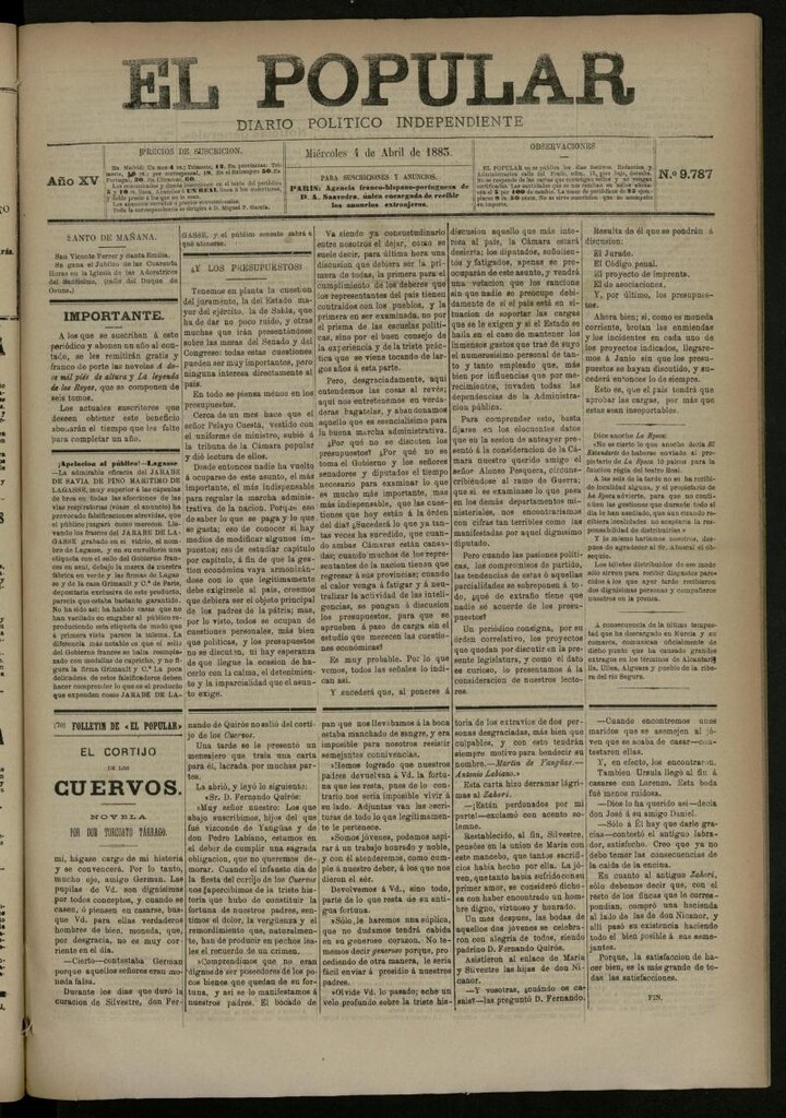 Miniatura de El Popular: diario independiente, político, literario y de noticias de interés general del 4 de abril de 1883, nº 9787