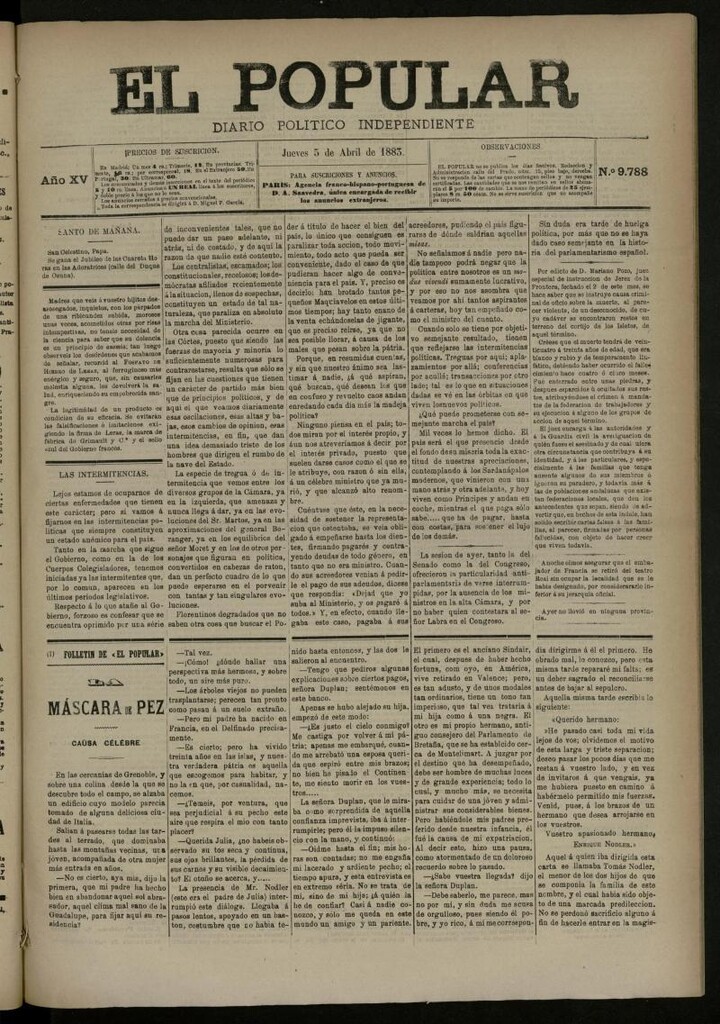 Miniatura de El Popular: diario independiente, político, literario y de noticias de interés general del 5 de abril de 1883, nº 9788