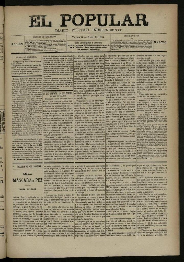 Miniatura de El Popular: diario independiente, político, literario y de noticias de interés general del 6 de abril de 1883, nº 9789