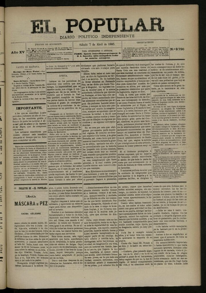 Miniatura de El Popular: diario independiente, político, literario y de noticias de interés general del 7 de abril de 1883, nº 9790