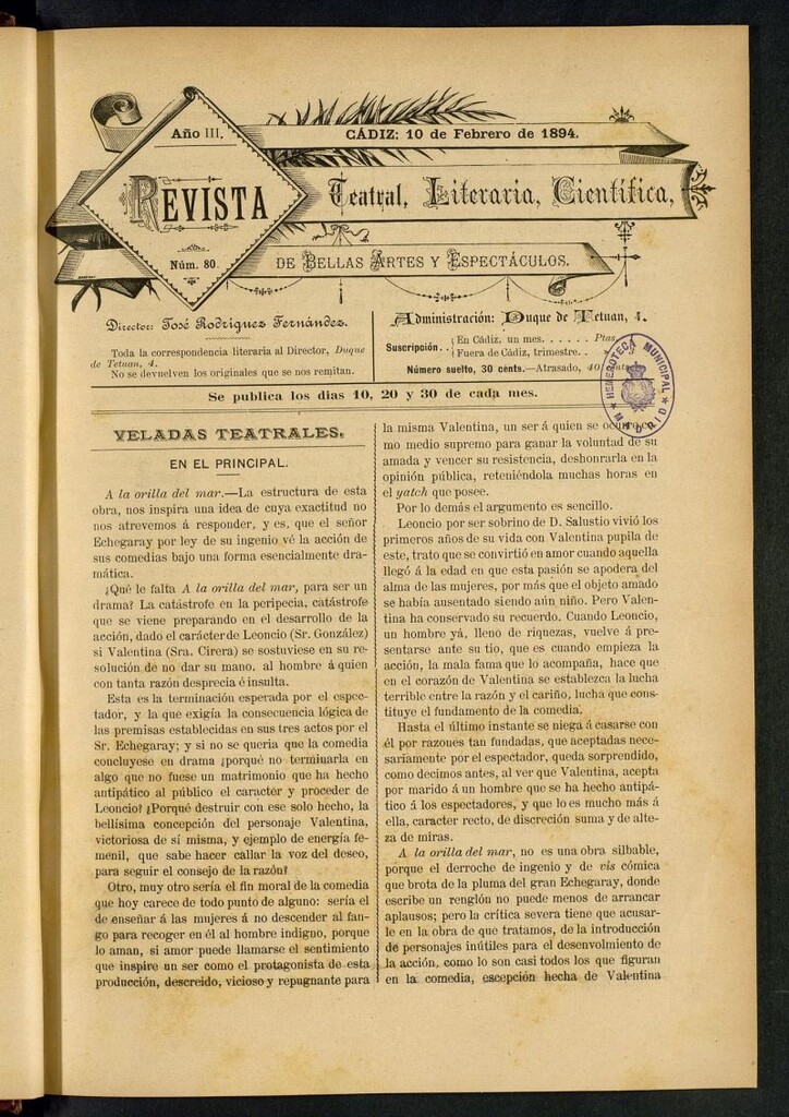 Miniatura de Revista Teatral, Literaria, Científica, de Bellas Artes y Espectáculos. Nº 80