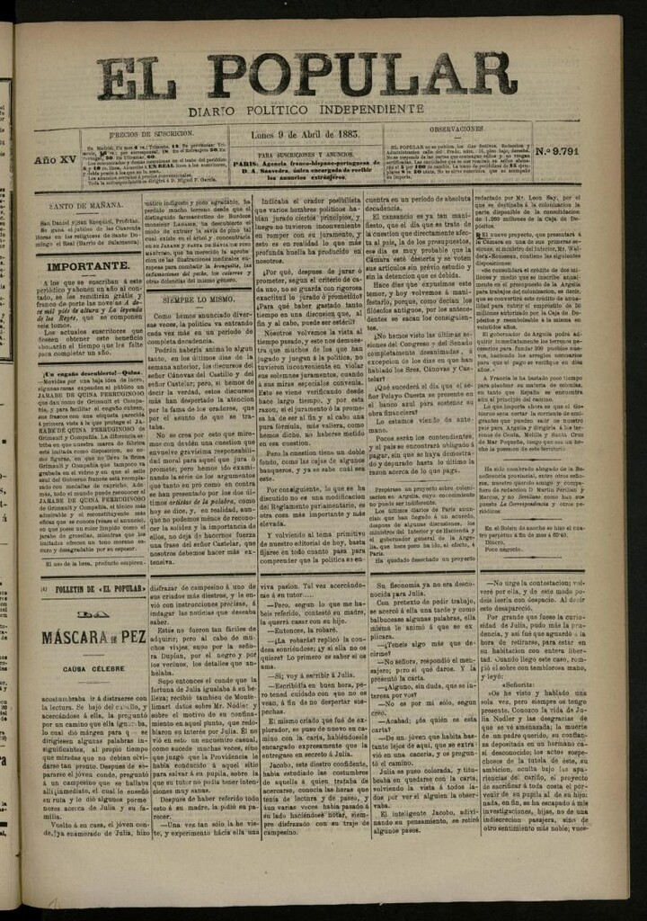 Miniatura de El Popular: diario independiente, político, literario y de noticias de interés general del 9 de abril de 1883, nº 9791