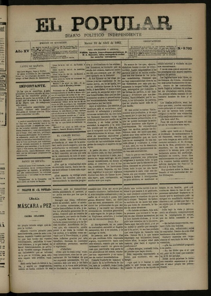 Miniatura de El Popular: diario independiente, político, literario y de noticias de interés general del 10 de abril de 1883, nº 9792