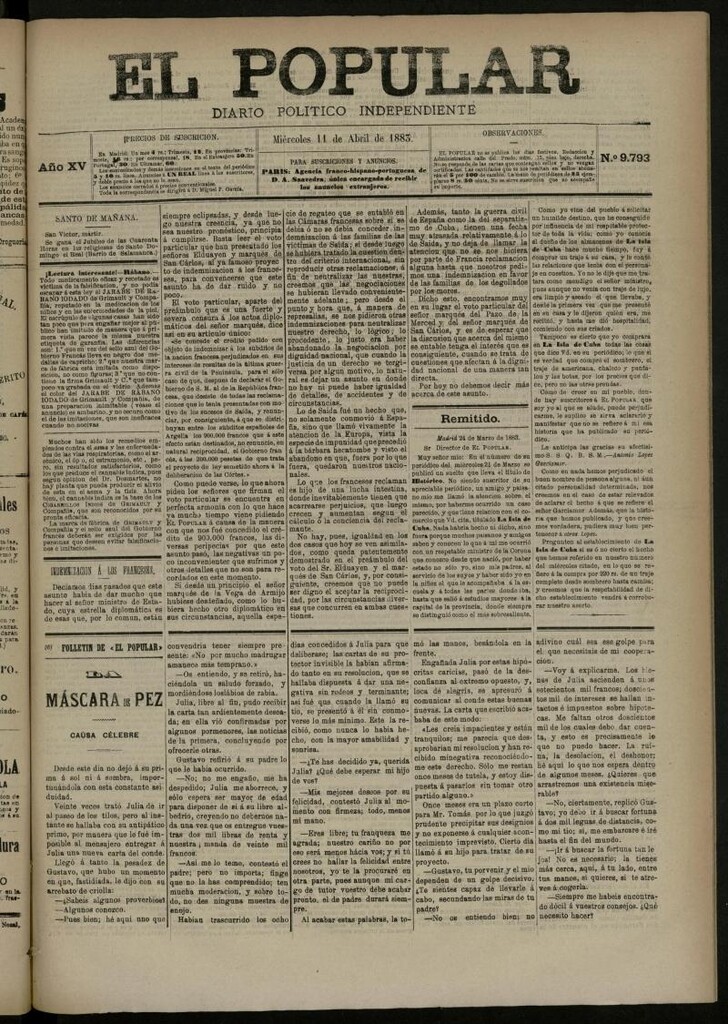 Miniatura de El Popular: diario independiente, político, literario y de noticias de interés general del 11 de abril de 1883, nº 9793