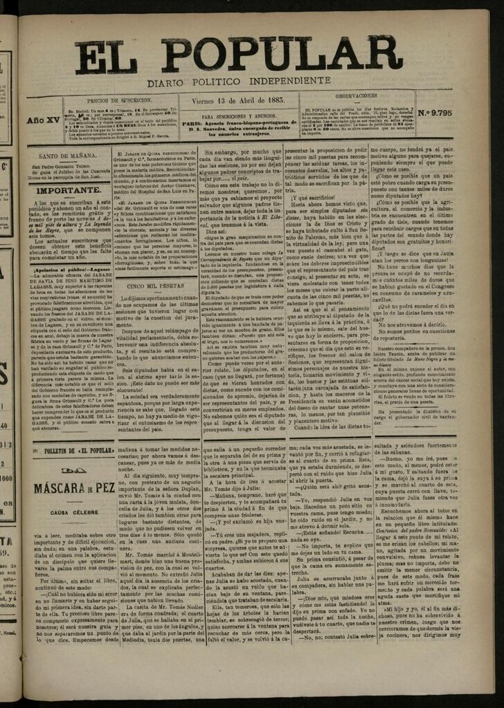 Miniatura de El Popular: diario independiente, político, literario y de noticias de interés general del 13 de abril de 1883, nº 9795