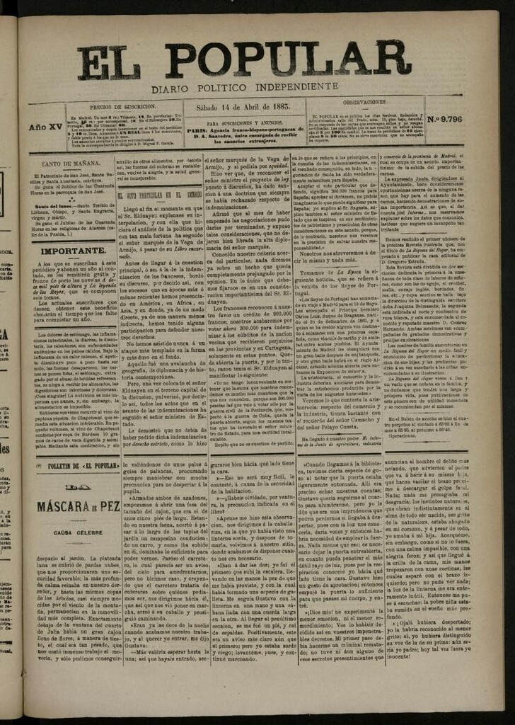 Miniatura de El Popular: diario independiente, político, literario y de noticias de interés general del 14 de abril de 1883, nº 9796