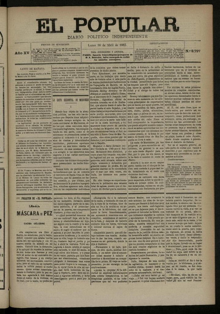Miniatura de El Popular: diario independiente, político, literario y de noticias de interés general del 16 de abril de 1883, nº 9797