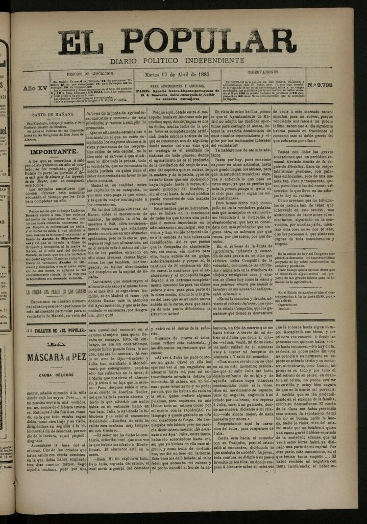 Miniatura de El Popular: diario independiente, político, literario y de noticias de interés general del 17 de abril de 1883, nº 9798