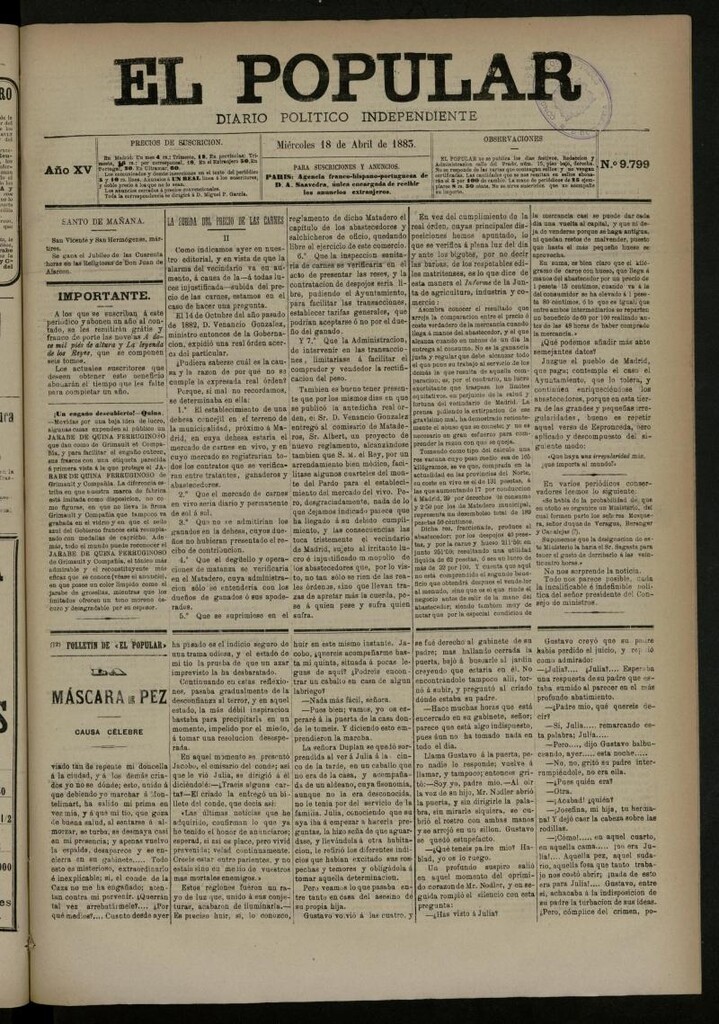 Miniatura de El Popular: diario independiente, político, literario y de noticias de interés general del 18 de abril de 1883, nº 9799
