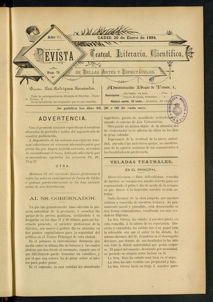 Miniatura de Revista Teatral, Literaria, Científica, de Bellas Artes y Espectáculos. Nº 79