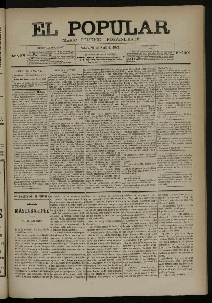 Miniatura de El Popular: diario independiente, político, literario y de noticias de interés general del 21 de abril de 1883, nº 9802